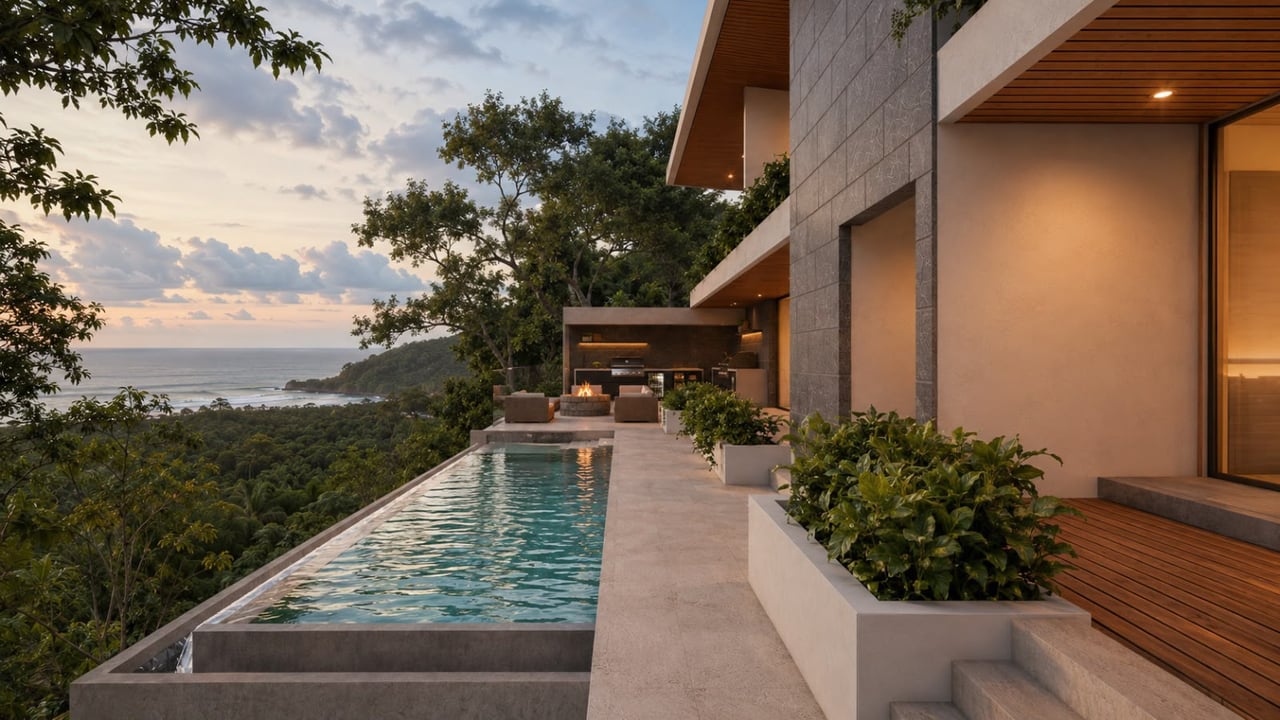 Modern home with an infinity-edge pool overlooking forest and ocean at sunset.