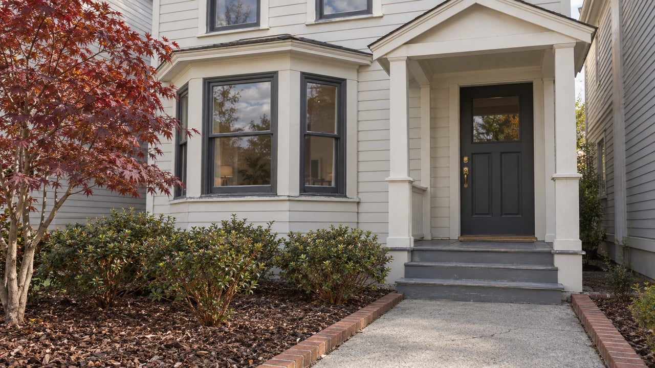 Painted clapboard home with a bay window, sheltered wood porch, brick-edged garden beds and a burgundy-leaved maple.