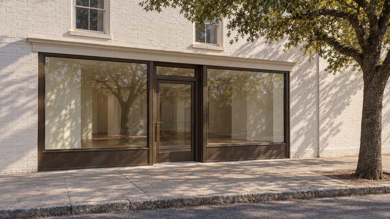 Warm white brick storefront with bronze-framed glass panels and entry beneath a live oak tree.