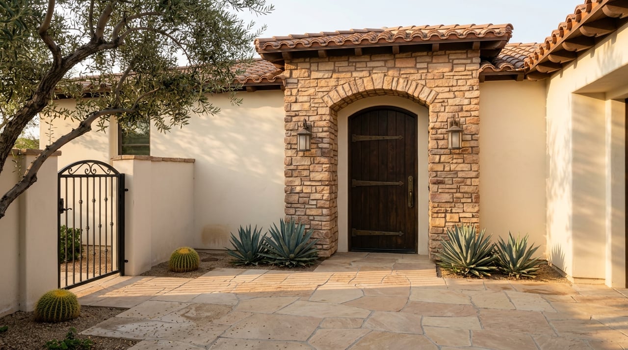 Arched wooden entry in a stone surround, beside a wrought iron gate and olive tree in a flagstone courtyard.