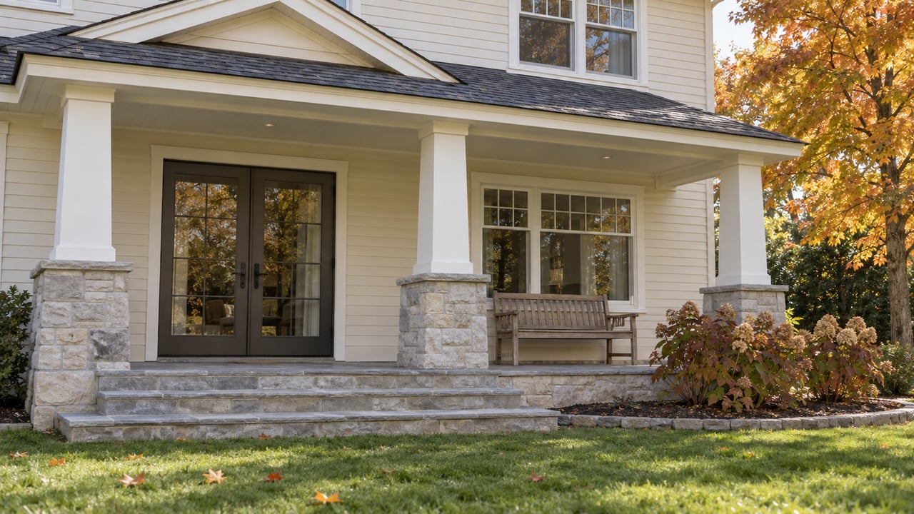 Ivory-sided home with a limestone porch, teak bench, enclosed glass doors, and an autumn maple beside a broad lawn.