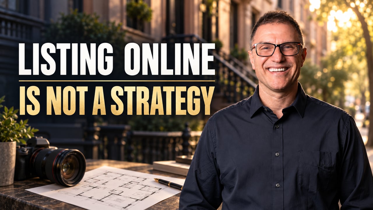 Listing online is not a strategy; smiling agent beside a camera and floor plan.