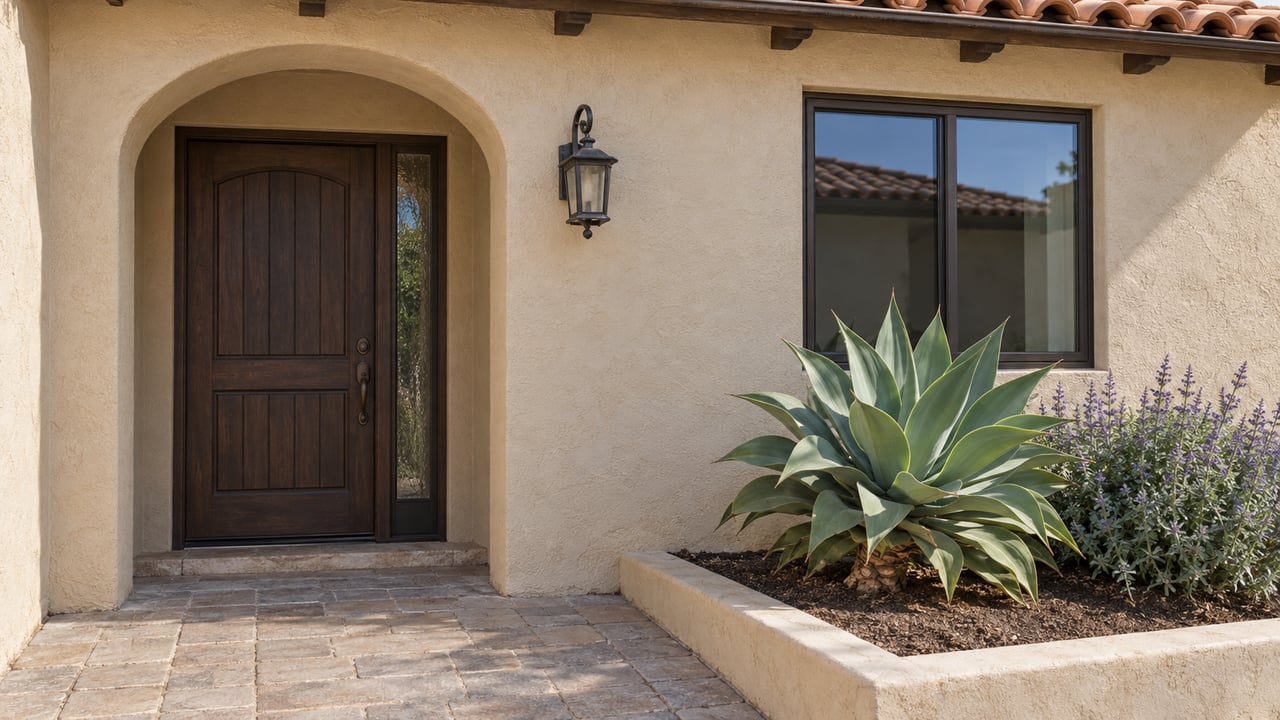 Townhouse frontage with an arched timber entry, glazed window, agave, and warm-gray paver approach.