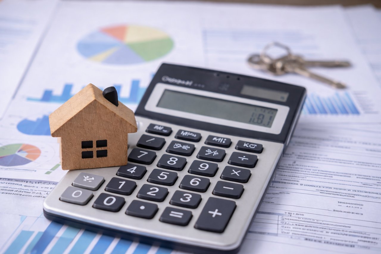Wooden house model resting on a calculator with financial documents, representing how buyers calculate home affordability