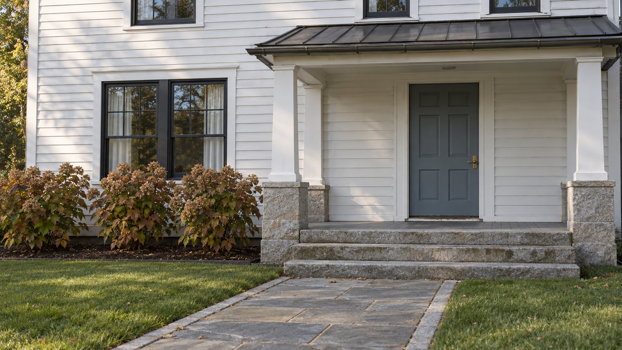 White clapboard house with black window sashes, a blue-gray front door and granite steps reached by a bluestone garden walk.