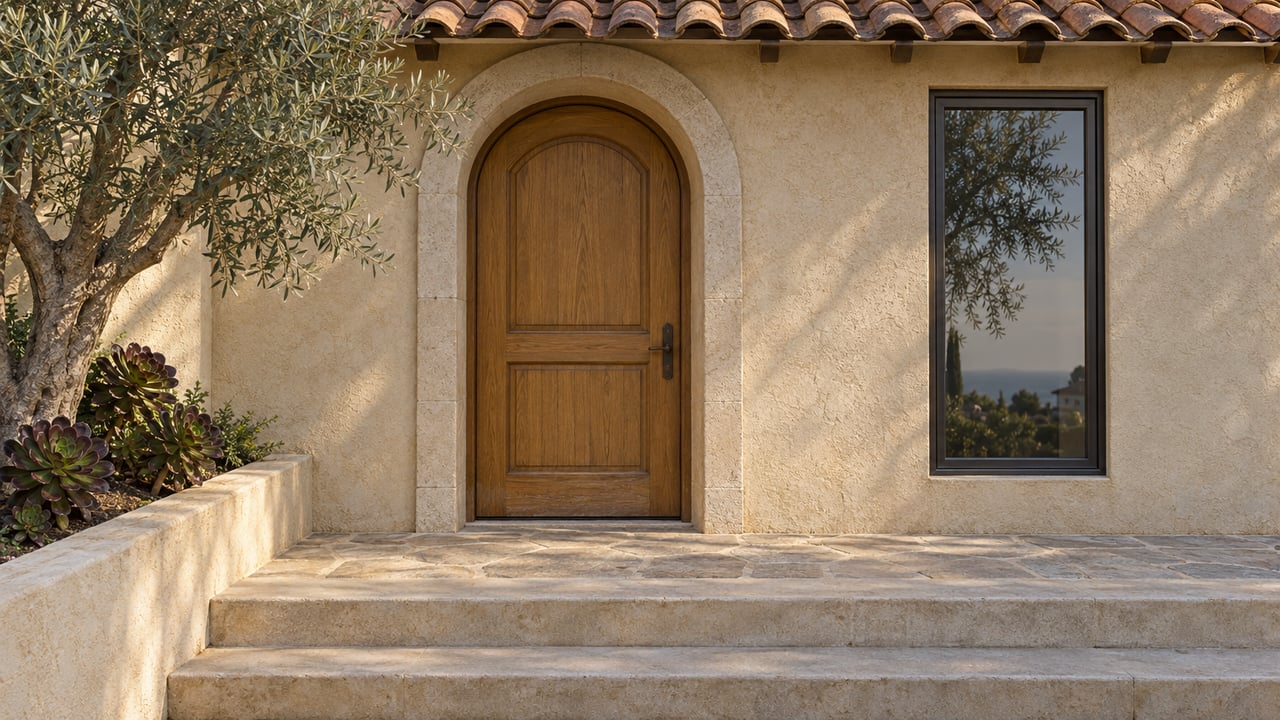 Warm stucco arched entry with a closed oak door, terracotta roof tiles, limestone steps and a sculptural olive tree.
