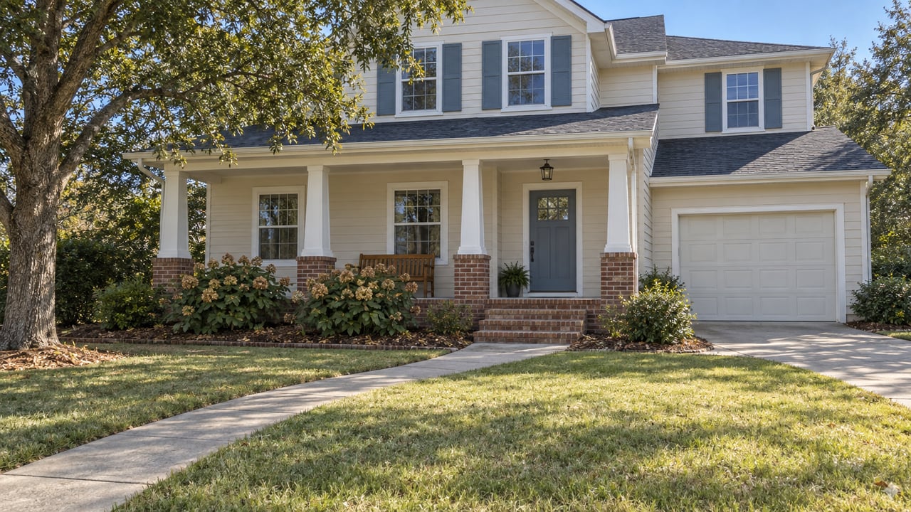 Two-story white house with blue shutters, a covered porch, brick piers, and an attached garage.