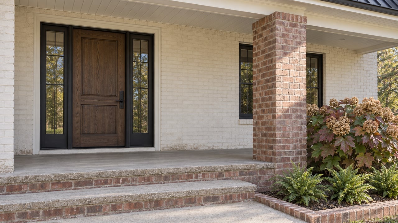 Covered entry with a dark oak door, paired sidelights, weathered brick steps and autumn oakleaf hydrangea.