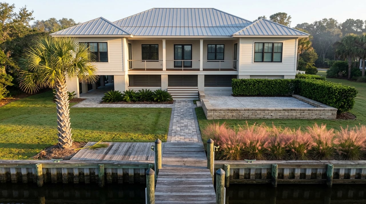 Elevated coastal home across a lawn and stone patio, viewed from a dock beside a palmetto.