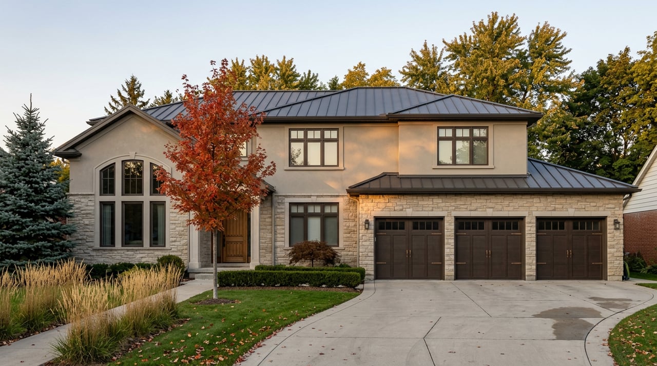 Stone-and-stucco suburban home with a three-bay garage, arched entry windows, and a red-orange maple by the walk.