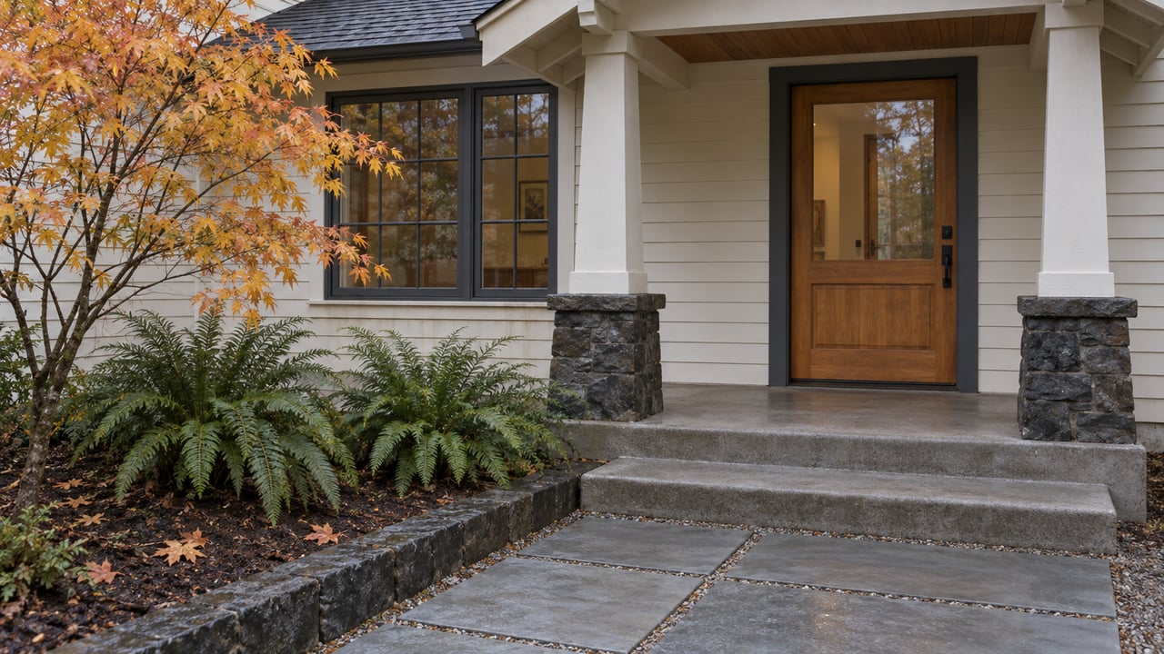 Covered cottage entry with ivory clapboard, a fir and glass door, stone-edged walk, autumn vine maple and sword ferns.
