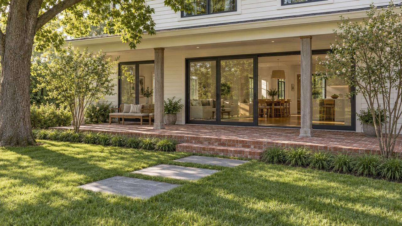 Cream clapboard house with glazed terrace doors, red-brick patio, bluestone path, and lawn beneath an oak.