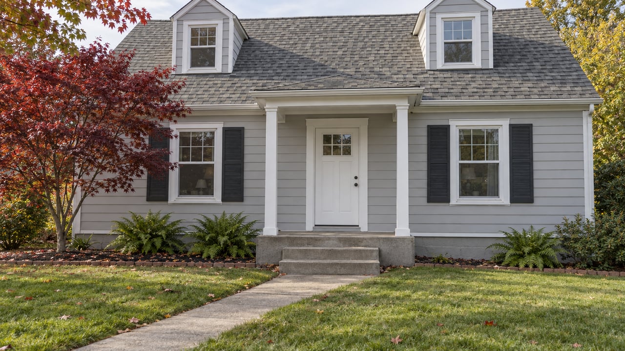 Light-gray cottage with paired dormers, a covered entry and a deep green front lawn beside a burgundy Japanese maple.