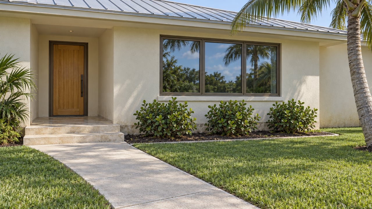 Cream stucco single-story home with a recessed wood entrance, bronze-framed window, concrete approach and a mature coconut palm.