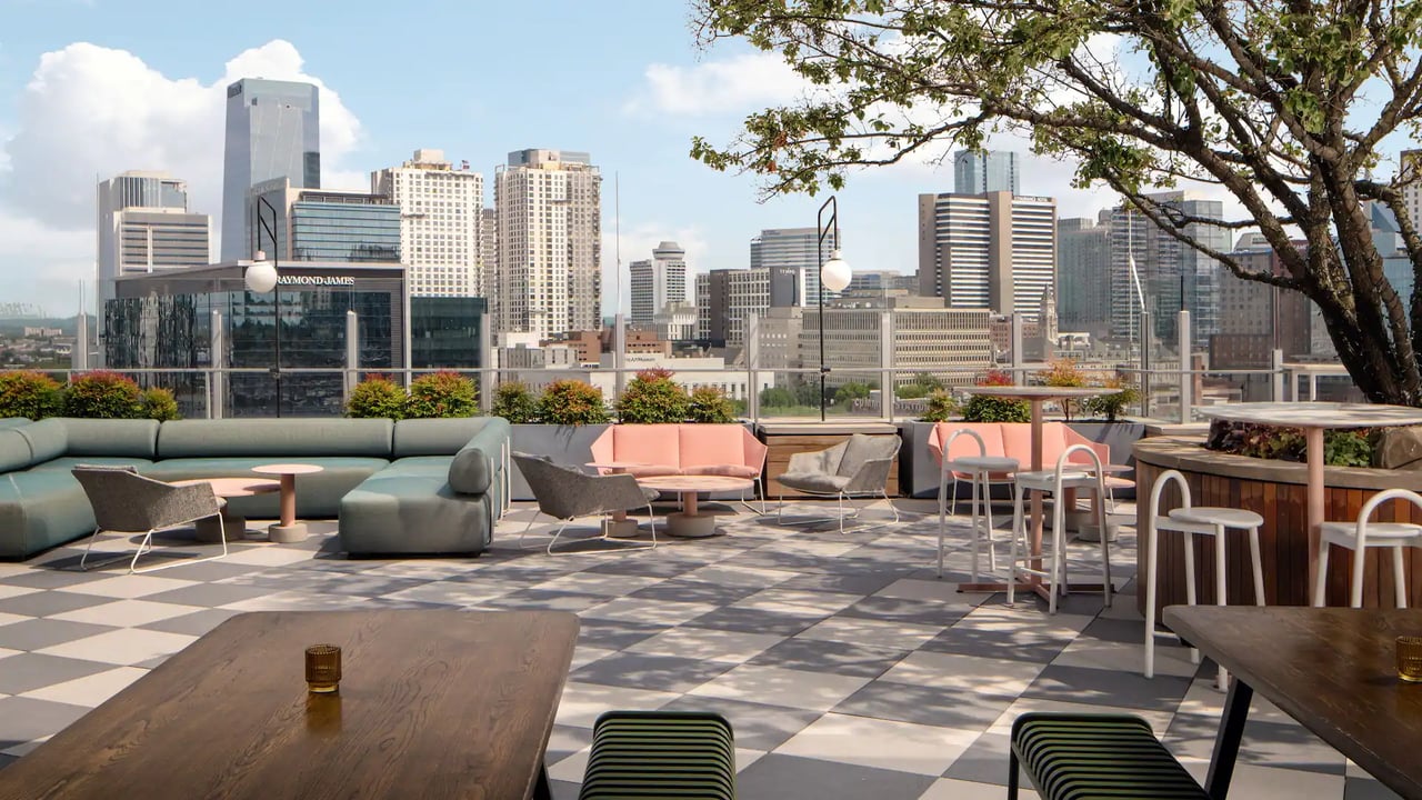 Rooftop lounge overlooking the Nashville skyline in The Gulch neighborhood