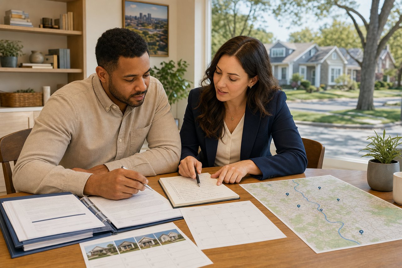 Real estate agent and client review paperwork and a neighborhood map at a table.