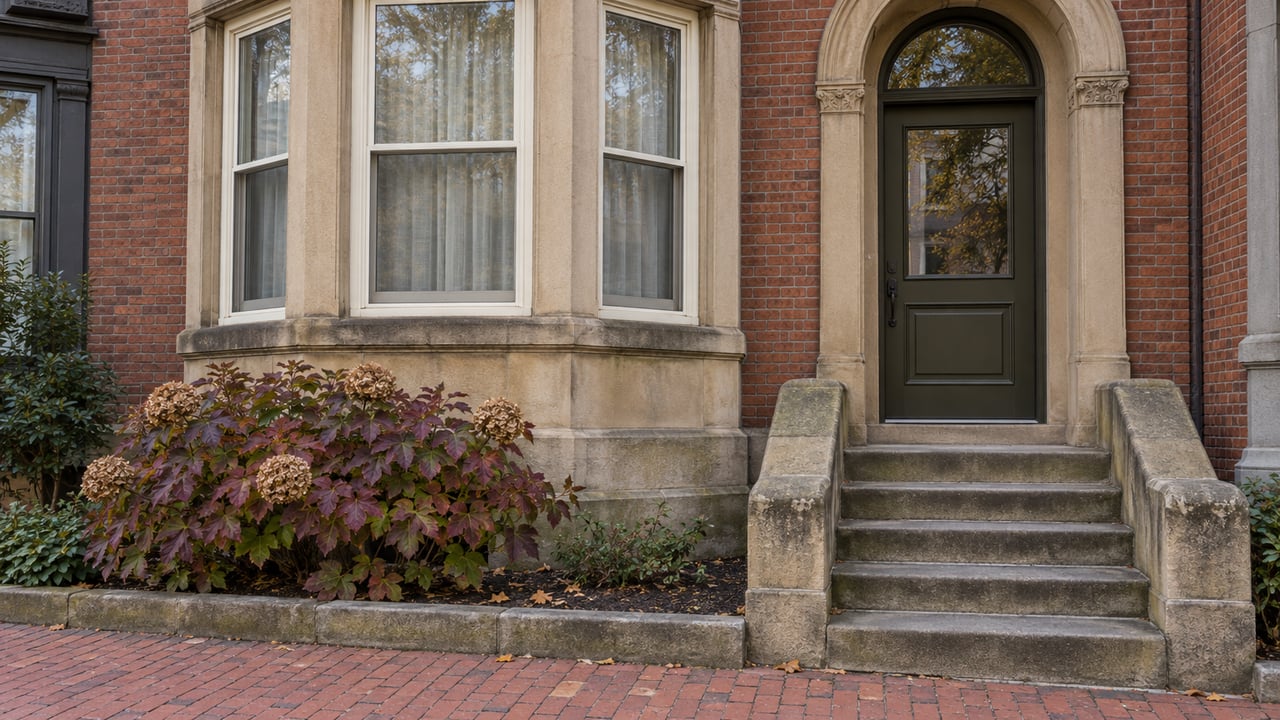 Red-brick home with a sandstone window bay, olive-painted entrance door, worn stone steps, and burgundy oakleaf hydrangea beside a brick sidewalk.