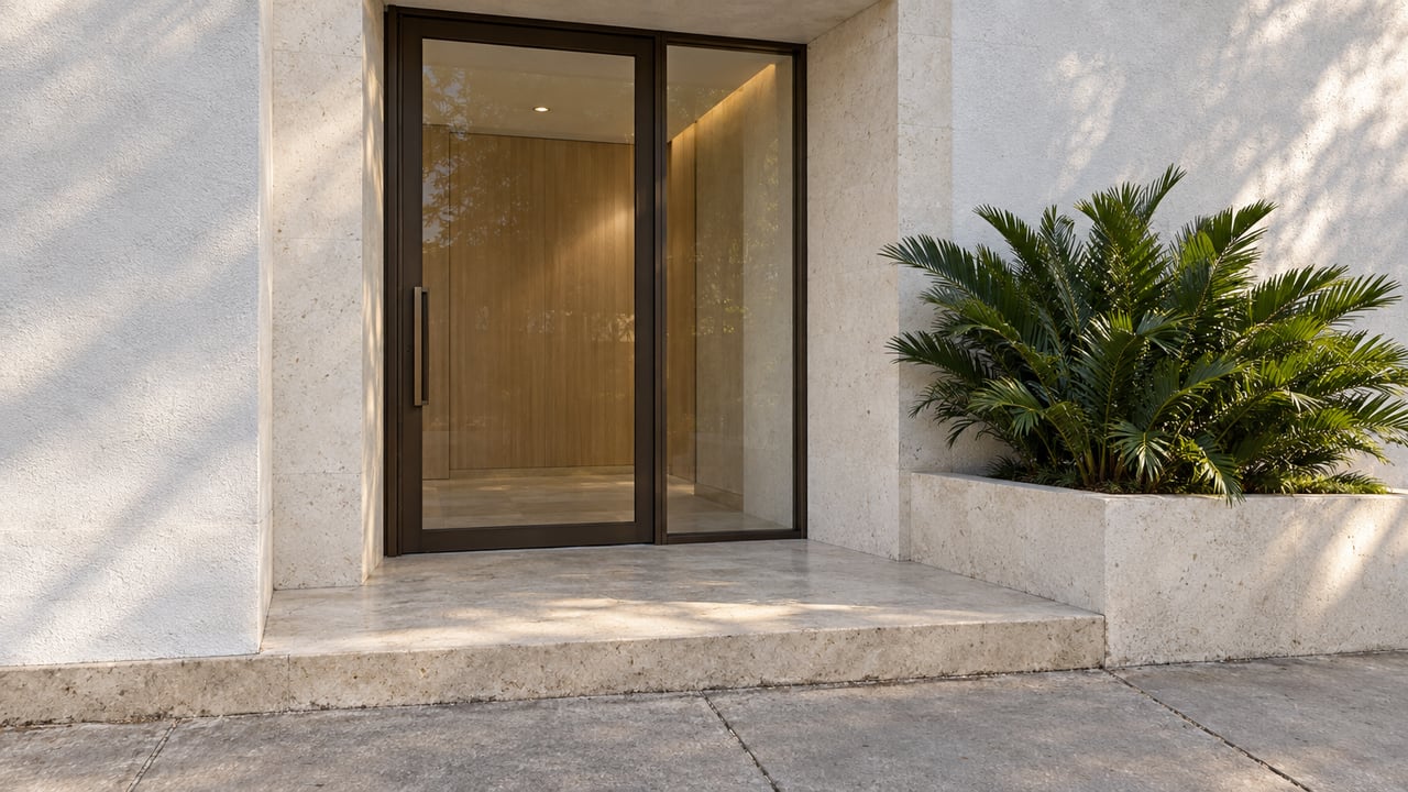 Residential entry with a bronze-framed glass door, limestone landing and planter of glossy Zamia leaves.