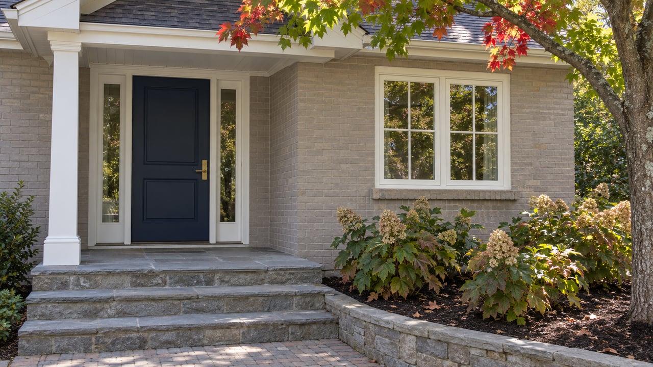Navy front door beneath a small gabled porch, with gray brick, stone steps and autumn maple leaves.