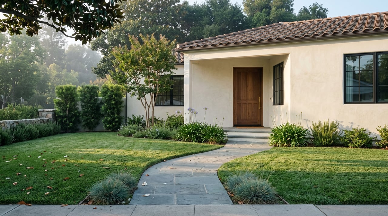Single-story stucco house with a walnut door, tiled roof, curved flagstone path, and magnolia canopy.