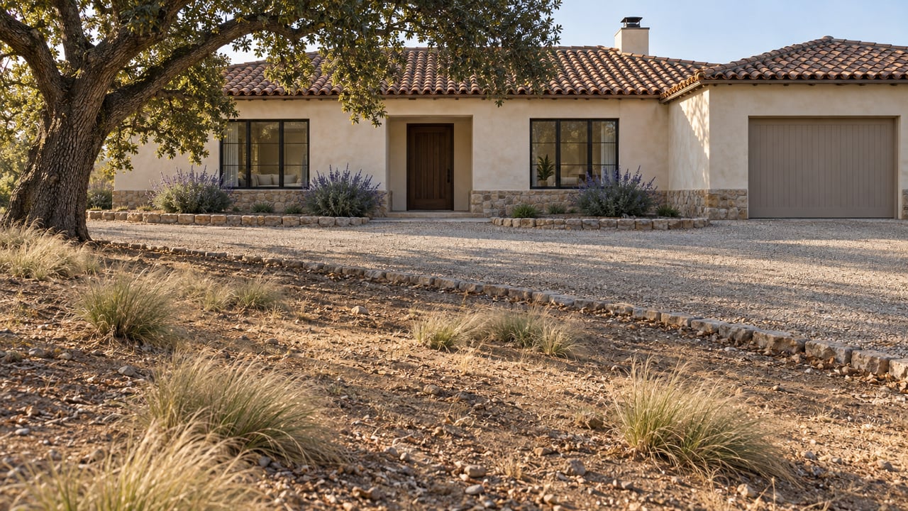 Ivory stucco home with terracotta roof beyond open, dry ground and a curved gravel approach.