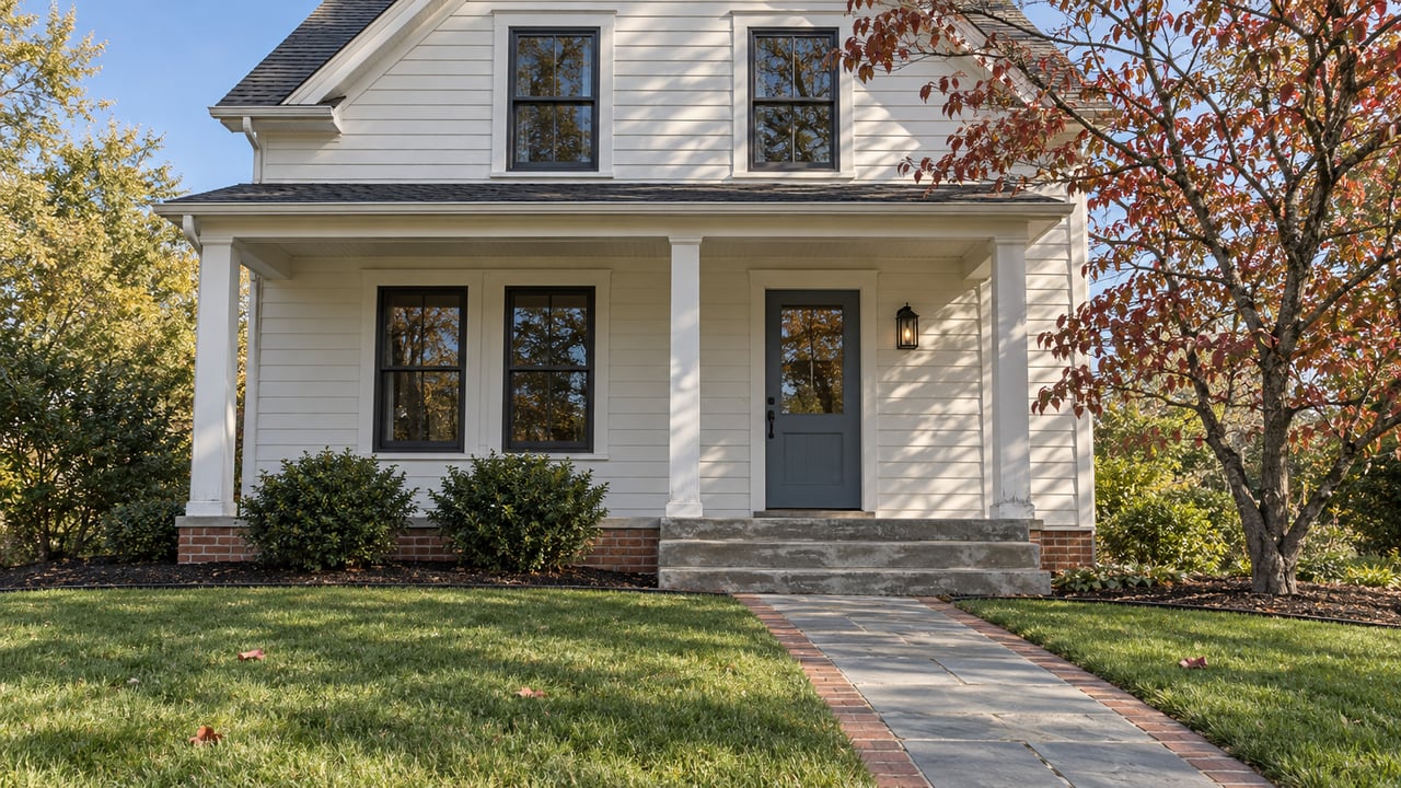 White clapboard gabled home with a slate-blue door, bluestone front walk and autumn dogwood above a small lawn.