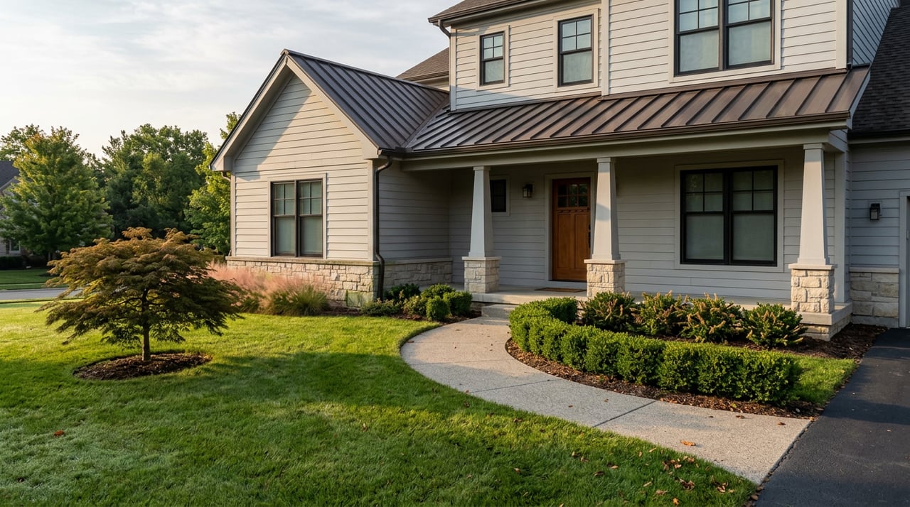 Two-story gray home with a covered porch, stone foundation, curving walk, and Japanese maple beside a broad lawn.