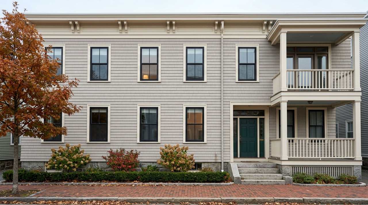 Three-story shingle facade above a granite foundation, with stacked porches and one warmly glowing window.