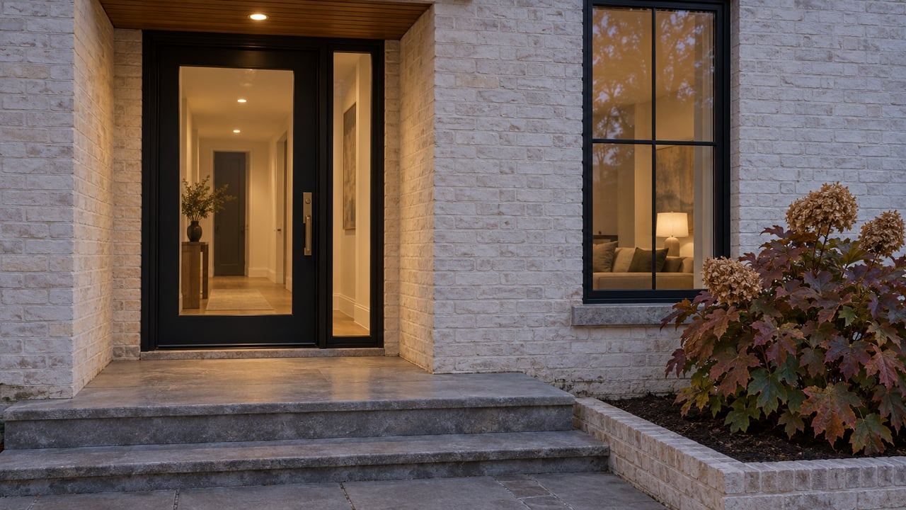 An ivory brick home entrance at blue hour, with a black glass door, wood porch soffit, limestone steps, and an oakleaf hydrangea.