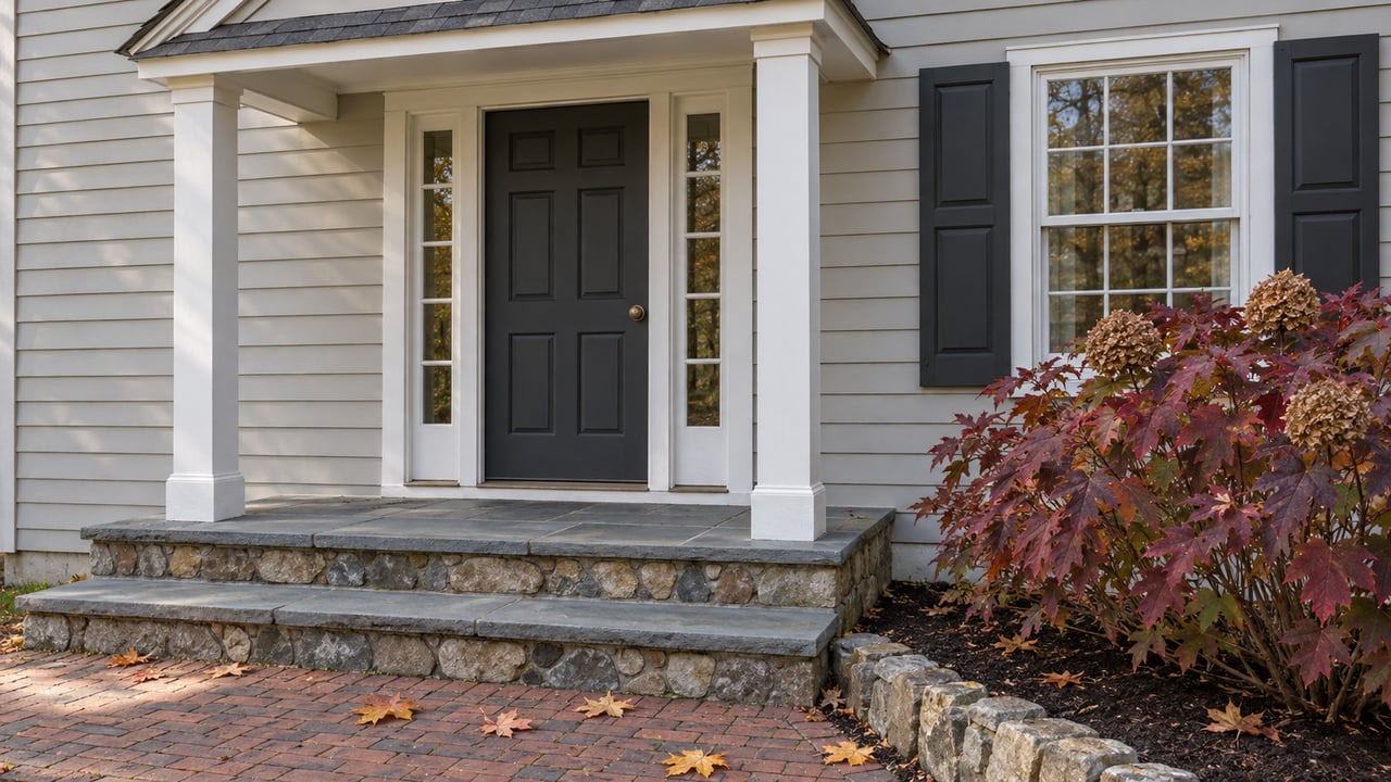 Gray clapboard entry with a charcoal door, paired white porch posts, worn bluestone steps and burgundy oakleaf hydrangea.