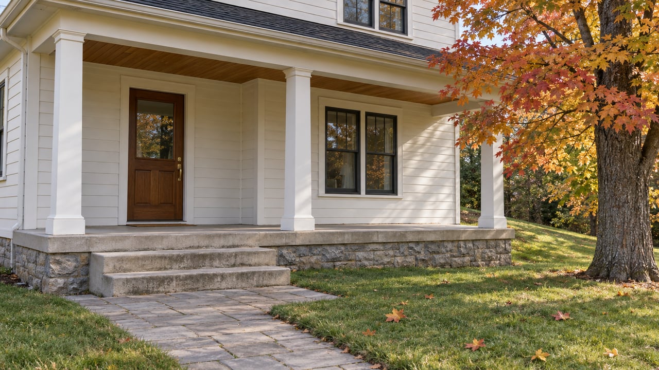 Off-white farmhouse entry with timber porch posts, concrete steps, a stone-paver approach and an autumn sugar maple.