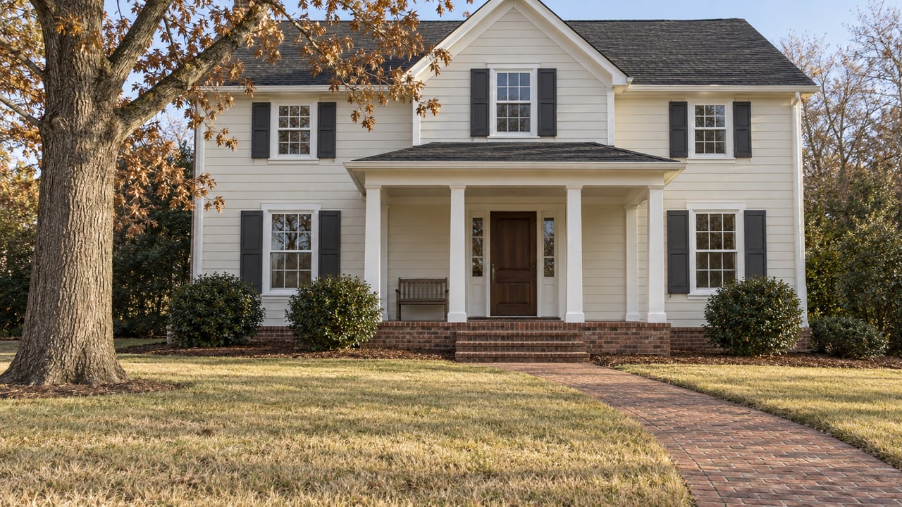 Traditional ivory-sided home with a brick porch and walkway, broad winter lawn, and mature oak in clear morning light.