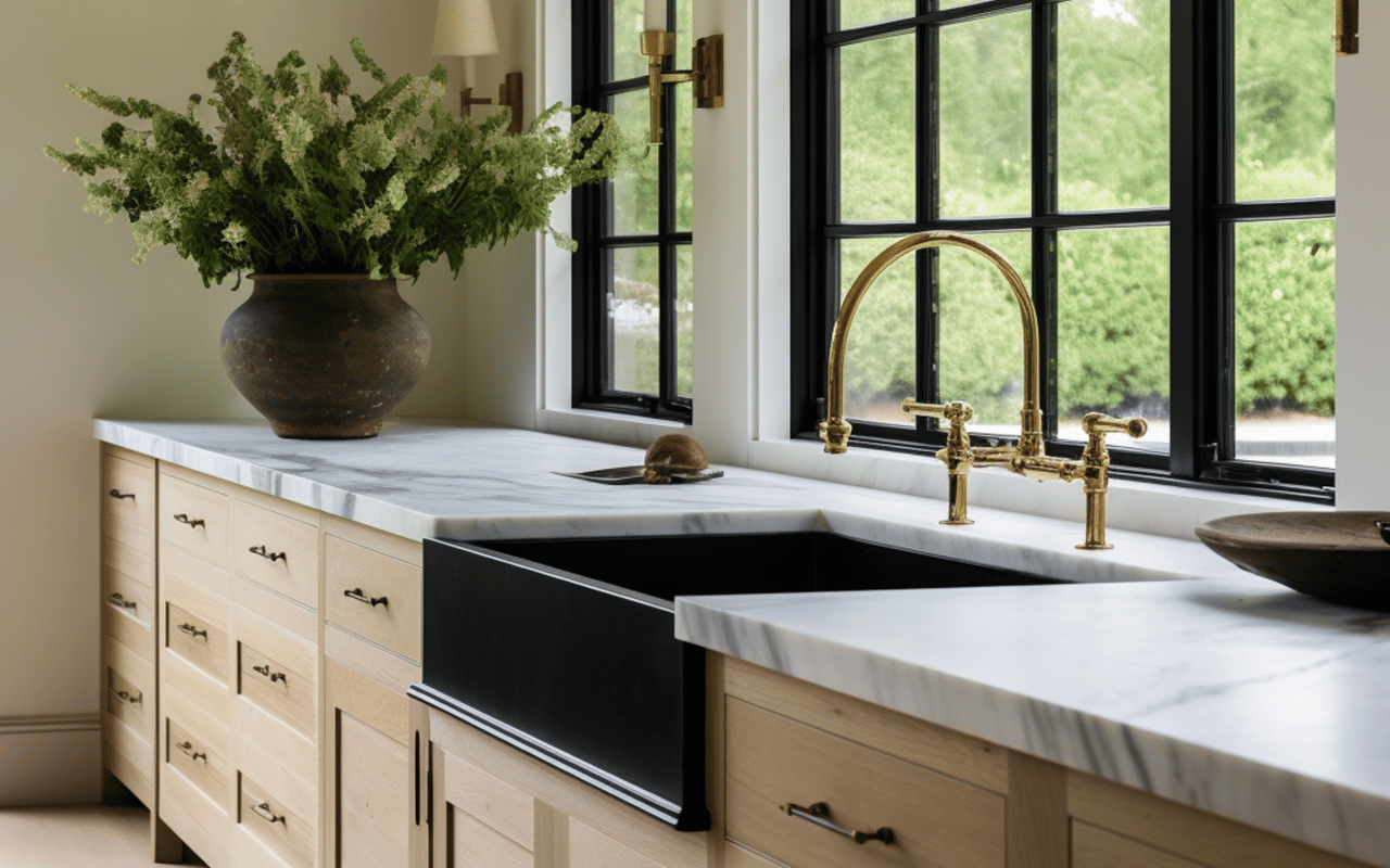 Kitchen with a black farmhouse sink, marble countertops, brass fixtures, and large windows overlooking greenery.
