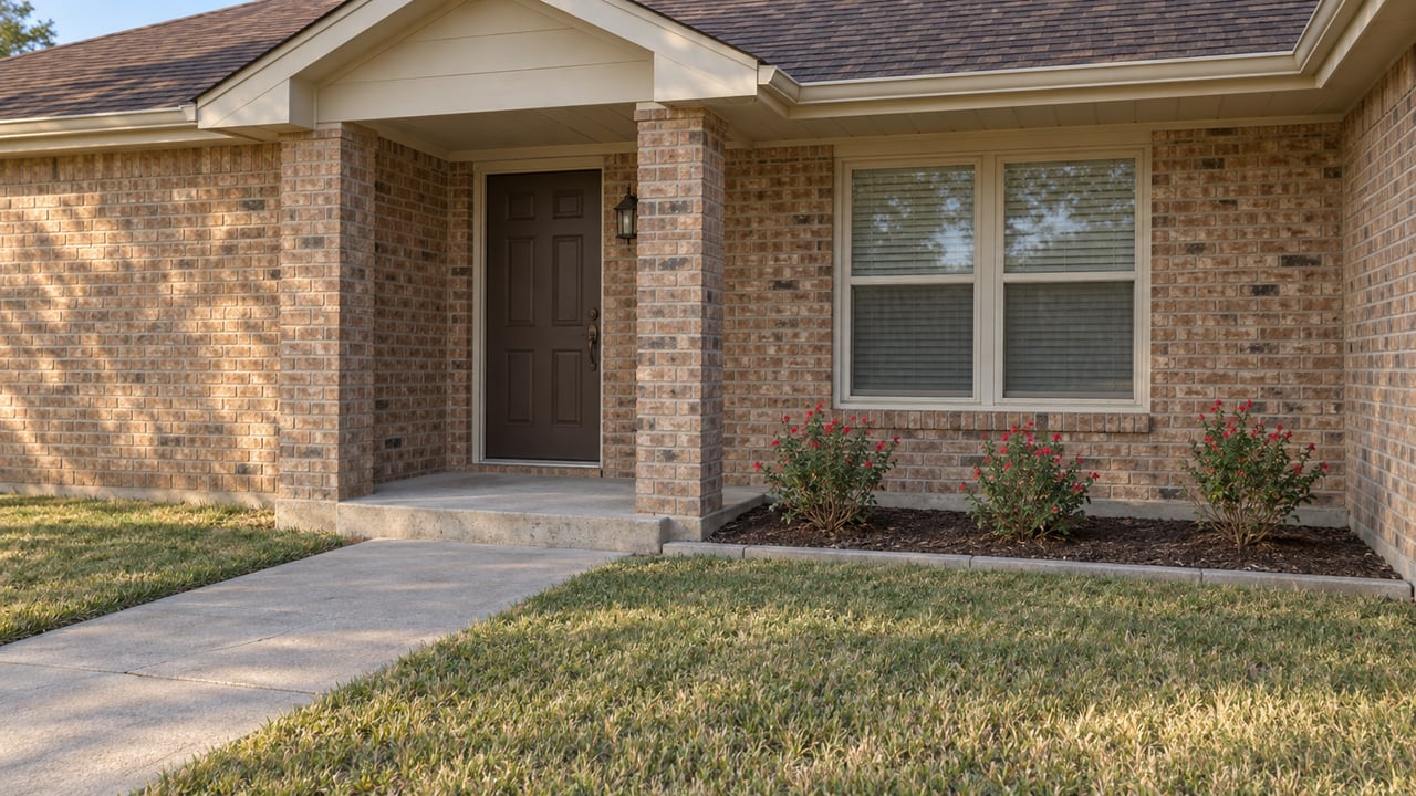 Warm tan brick home with a small pedimented porch, paired windows and a concrete approach beside a lightly weathered lawn.
