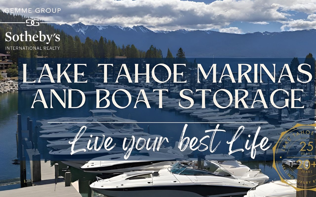 Lake Tahoe marinas and boat storage, with boats at a marina beneath mountain peaks.