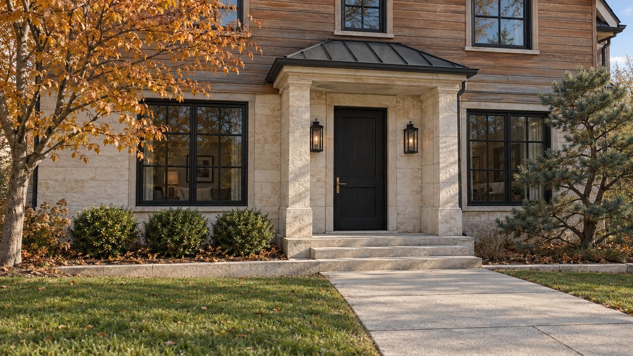 Cream stone and wood house with a black entry door, autumn maple and a broad concrete front approach.