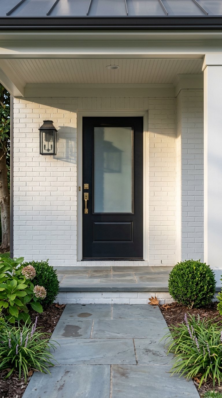 Covered entry with a black door, brass hardware, white brick, bluestone pavers, and manicured plantings.