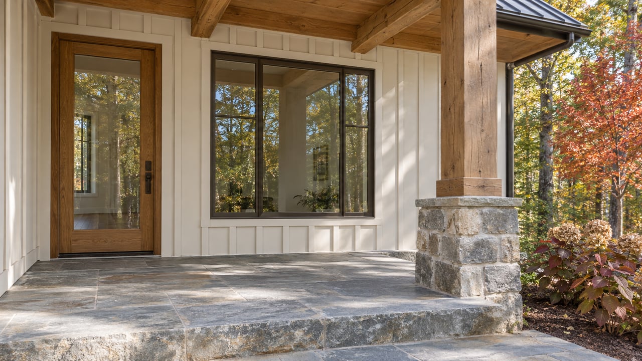 Sunlit covered entry with cream board-and-batten siding, an oak glazed door, timber beams, stone steps and autumn foliage.