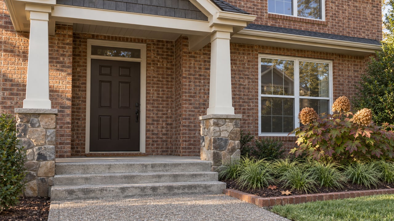 Brick house entry with an ivory-columned porch, fieldstone piers, concrete steps and autumn oakleaf hydrangea.