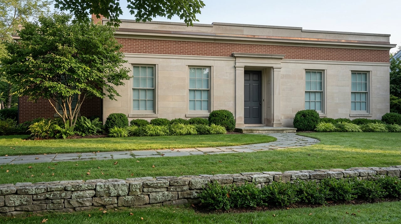 Two-story limestone and red-brick house beyond a curved stone walk and broad lawn, with a hornbeam beside the facade.