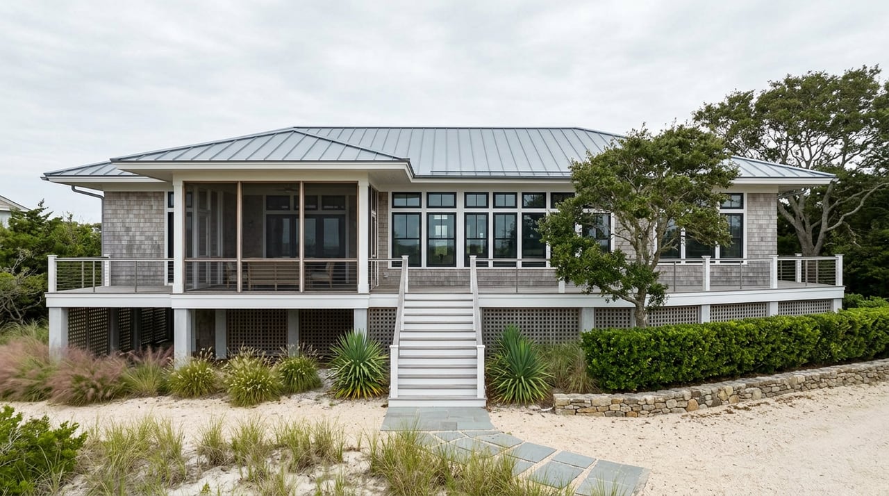 Elevated coastal home with gray cedar shingles, wraparound deck, metal roof, and dune grasses along a paver path.