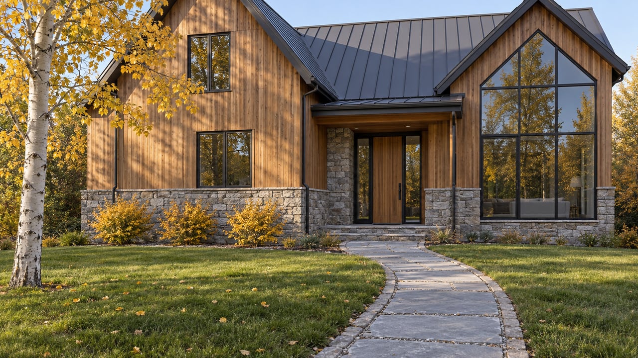Autumn garden leading to a cedar and gray stone home with a steep metal roof, black-framed windows and a golden-leaved aspen.