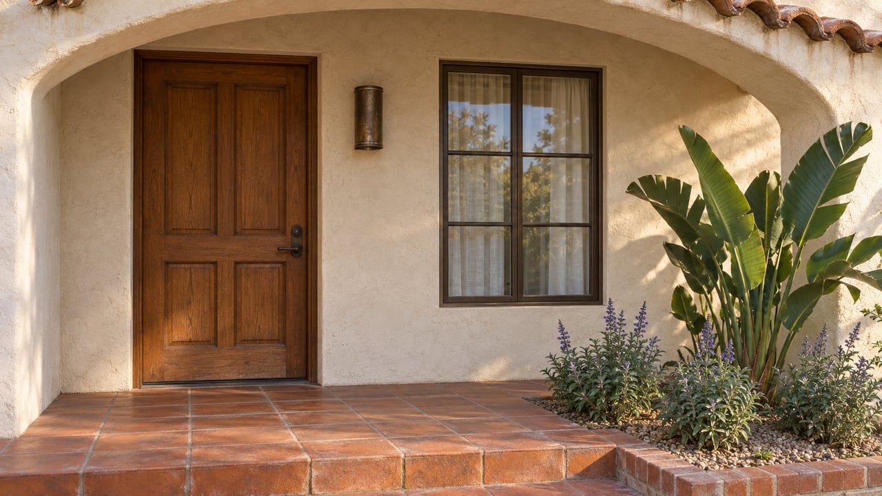 Sunlit ivory stucco entry with an oak front door, terracotta steps and sculptural drought-tolerant planting.