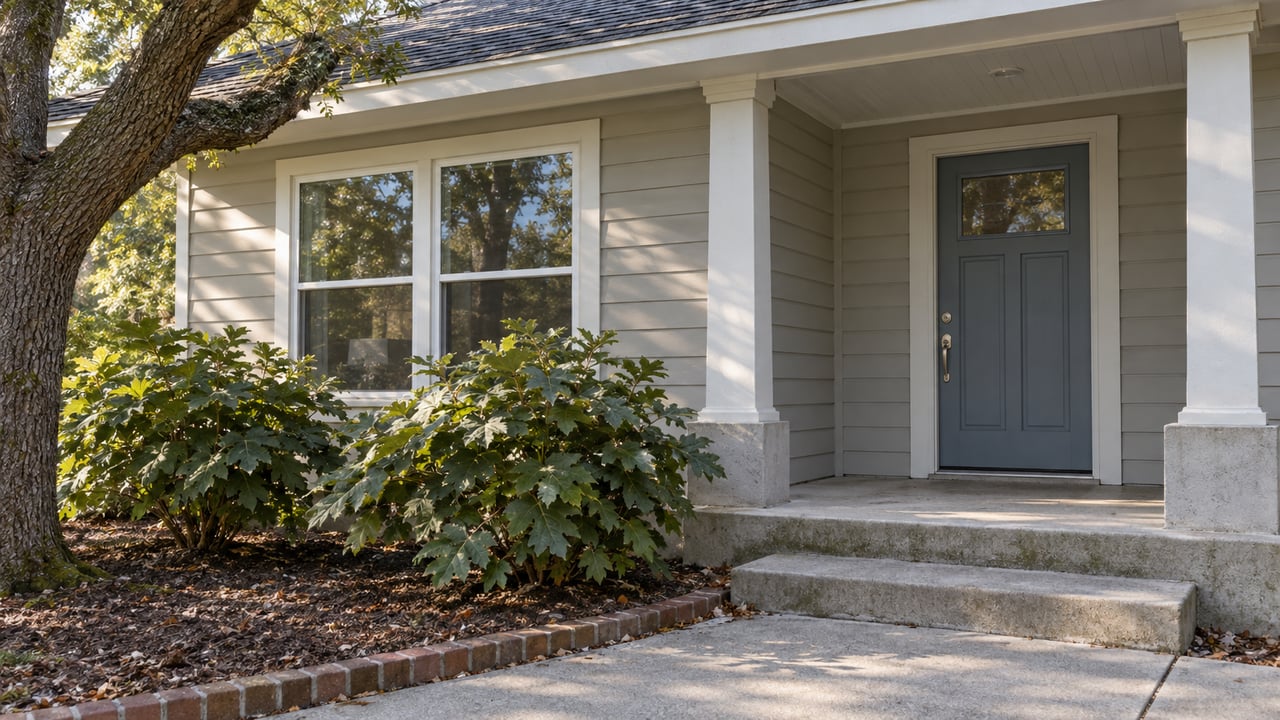 Covered entry of a light-gray single-story home with paired windows, concrete steps, oakleaf hydrangeas and a mature live oak.