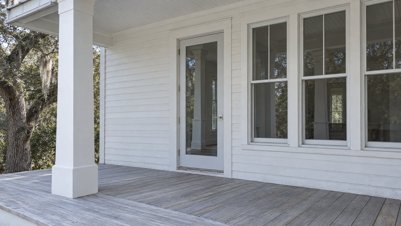 White wood-sided home with a closed glazed entry, grouped windows and weathered veranda decking beside a mature live oak.