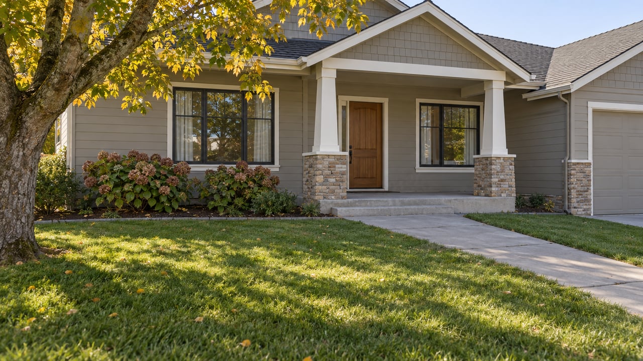 Updated gabled home with gray lap siding, stone porch bases and a broad lawn beneath an autumn maple.