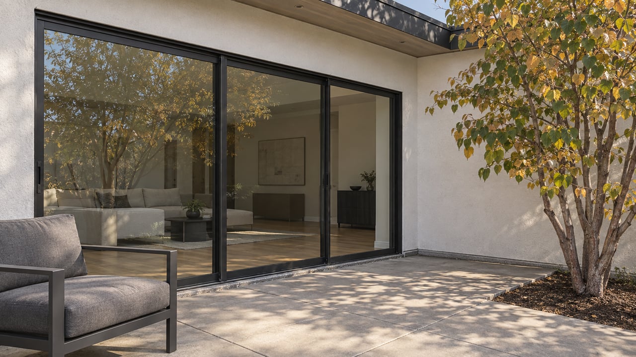 A modern home's white stucco patio corner with black-framed glass doors, gray paving, one charcoal chair and an autumn-leaved specimen tree.