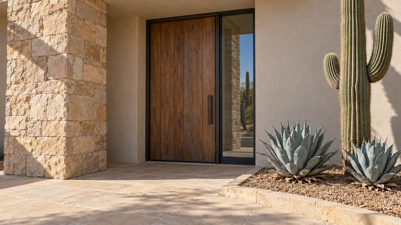 Sunlit sandstone and cream stucco entry with a timber door, glazed sidelight, saguaro and two blue-gray agaves beside a raised stone curb.