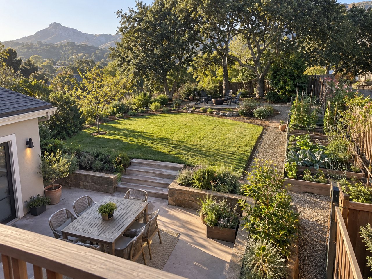 Distinct lawn, dining, garden, and shaded areas reveal how one Central Coast yard can support several different outdoor uses.