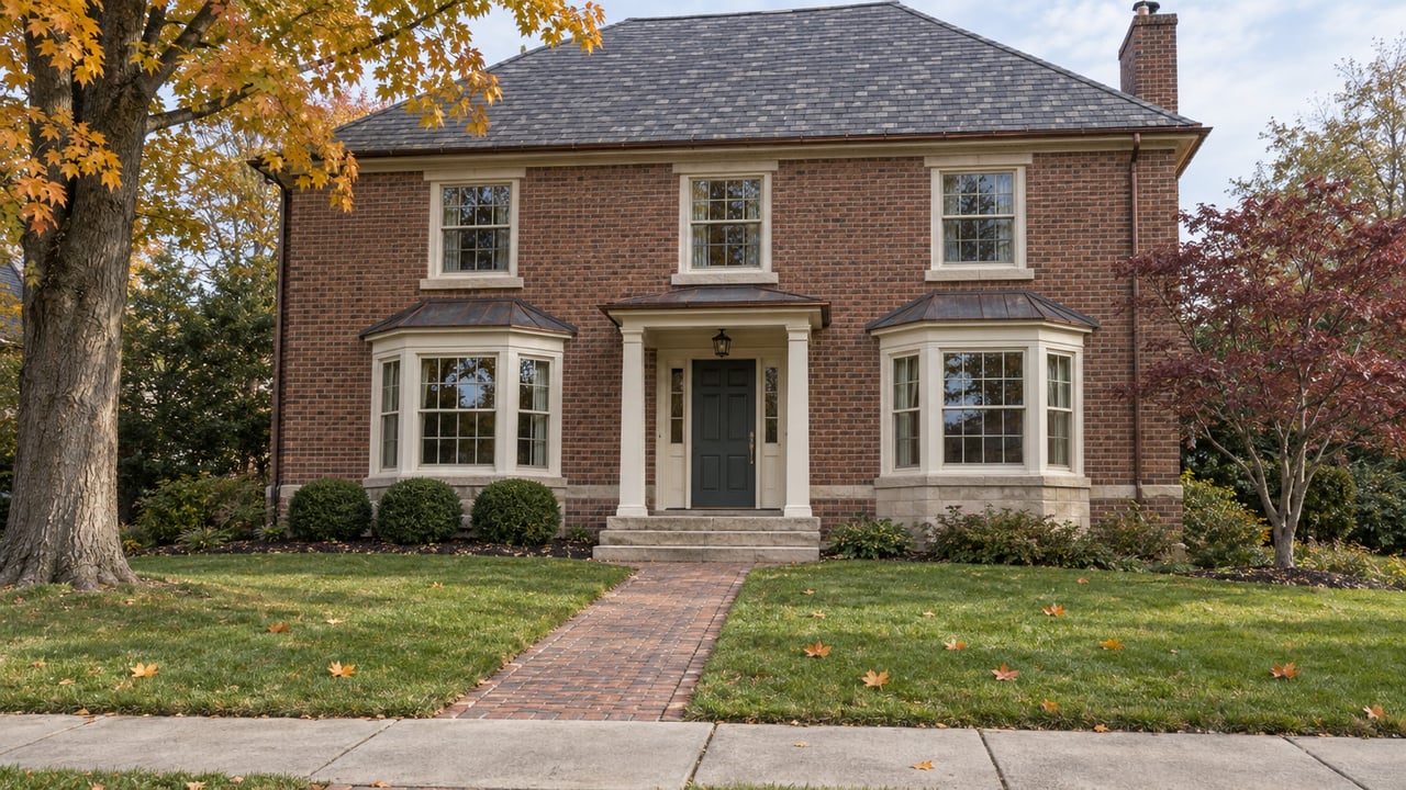 Detached red-brick home with slate roof, limestone steps, a deep front lawn, and amber and burgundy autumn foliage.